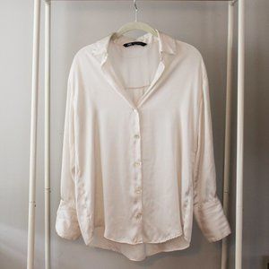 Zara Satin Effect Flowy Long Sleeve Button Down Shirt, Oyster White